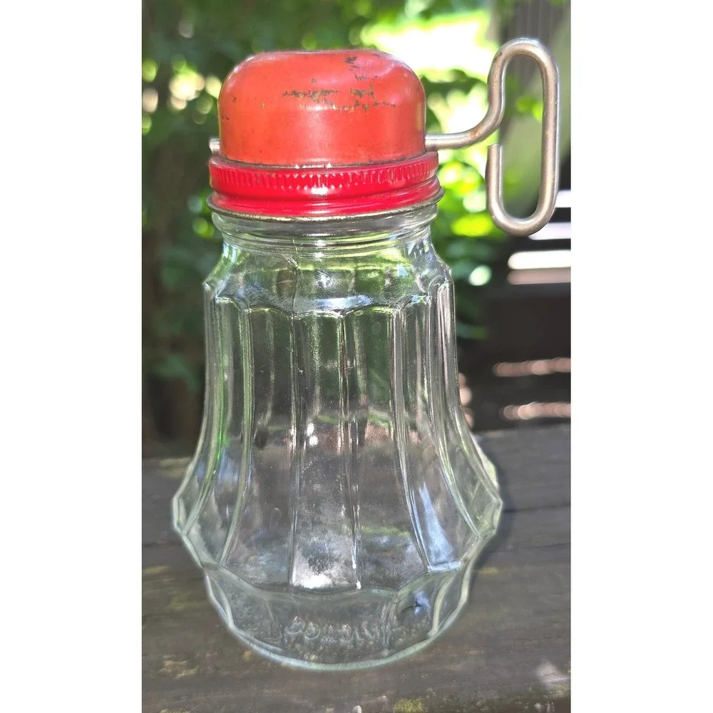 Vtg Hazel Atlas Glass Nut Chopper Grinder Red Lid Metal Hand Crank Jar 5049